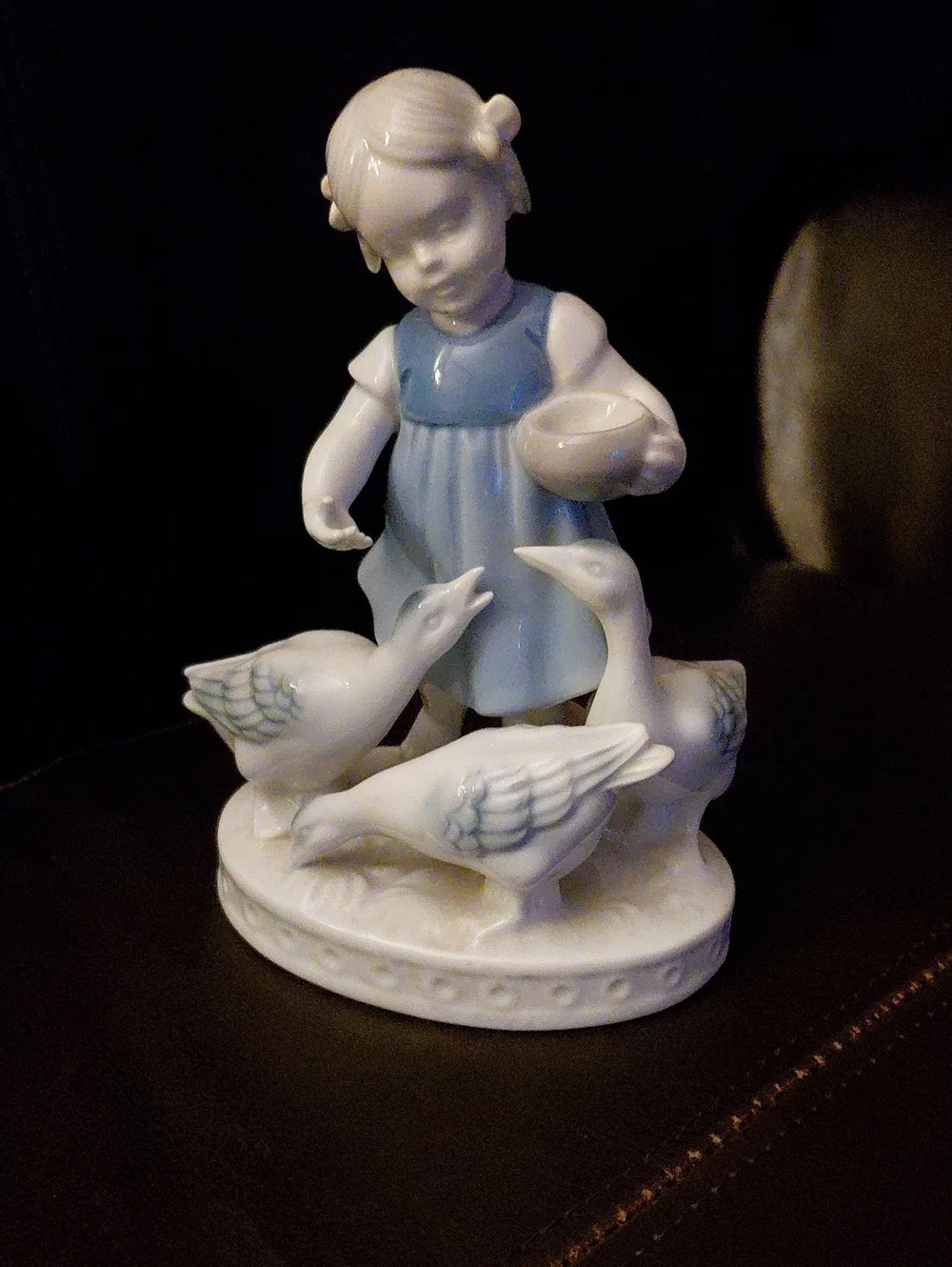 Porcelain Girl Feeding Geese Figurine — Blue and White